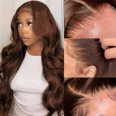 Chocolate Brown Lace Front Wig Pre Plucked Body Wave Human Hair Wig Transparent 13x4 Lace Frontal Wigs Chocolate Brown Lace Front Wig Pre Plucked Body Wave Human Hair Wig Transparent 13x4 Lace Frontal Wigs