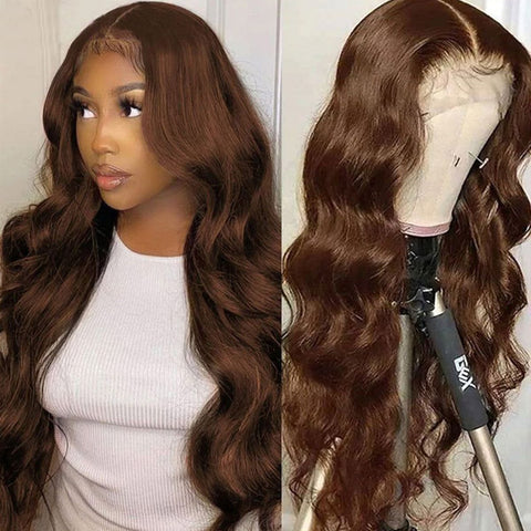 Chocolate Brown Lace Front Wig Pre Plucked Body Wave Human Hair Wig Transparent 13x4 Lace Frontal Wigs Chocolate Brown Lace Front Wig Pre Plucked Body Wave Human Hair Wig Transparent 13x4 Lace Frontal Wigs