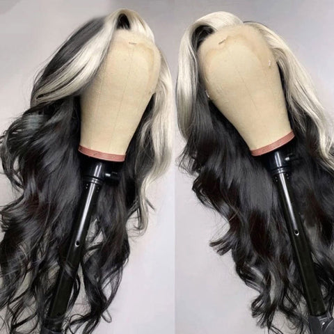 13x4 Lace Front Wig Blonde Black Skunk Stripe Color Wig Body Wave Human Hair Wig