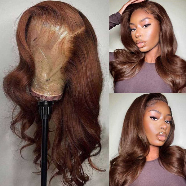 Chocolate Brown Lace Front Wig Pre Plucked Body Wave Human Hair Wig Transparent 13x4 Lace Frontal Wigs Chocolate Brown Lace Front Wig Pre Plucked Body Wave Human Hair Wig Transparent 13x4 Lace Frontal Wigs