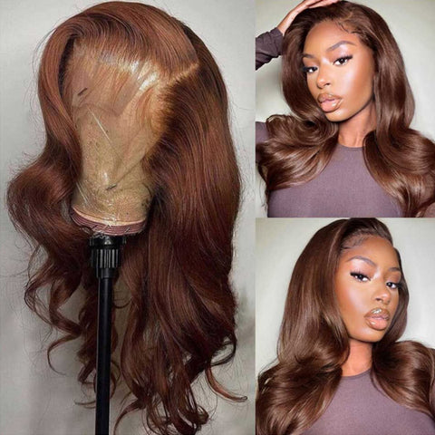 Chocolate Brown Lace Front Wig Pre Plucked Body Wave Human Hair Wig Transparent 13x4 Lace Frontal Wigs Chocolate Brown Lace Front Wig Pre Plucked Body Wave Human Hair Wig Transparent 13x4 Lace Frontal Wigs