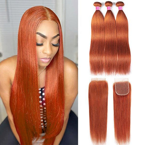 Ginger Color Straight Hair 3 Bundles with 4x4 Lace Closure - MeetuHair Ginger Color Straight Hair 3 Bundles with 4x4 Lace Closure - MeetuHair
