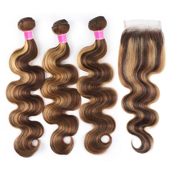 Highlight Color Body Wave Hair 3 Bundles with 5x5 Lace Closure - MeetuHair Highlight Color Body Wave Hair 3 Bundles with 5x5 Lace Closure - MeetuHair
