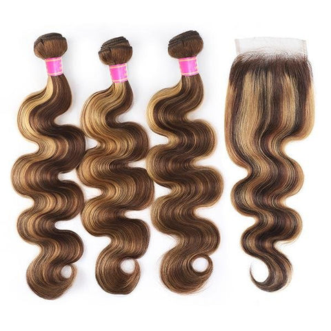 Highlight Color Body Wave Hair 3 Bundles with 5x5 Lace Closure - MeetuHair Highlight Color Body Wave Hair 3 Bundles with 5x5 Lace Closure - MeetuHair