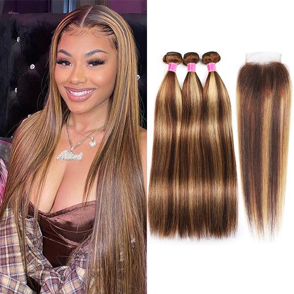 Highlight Color Straight Hair 3 Bundles with 5x5 Lace Closure - MeetuHair Highlight Color Straight Hair 3 Bundles with 5x5 Lace Closure - MeetuHair