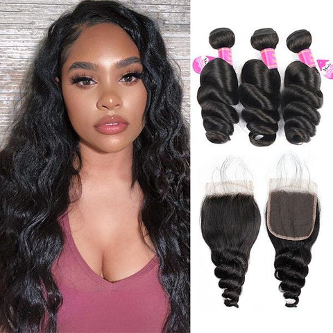 Meetu Hair Peruvian Loose Wave Virgin Human Hair Weave 3 Bundles with 4*4 Lace Closure - MeetuHair Meetu Hair Peruvian Loose Wave Virgin Human Hair Weave 3 Bundles with 4*4 Lace Closure - MeetuHair