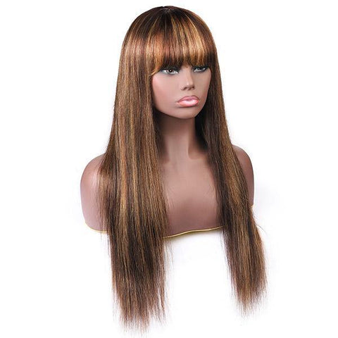 Virgin Straight Hair Wigs with Bang Highlight Color Machine Made Human Hair Wigs - MeetuHair