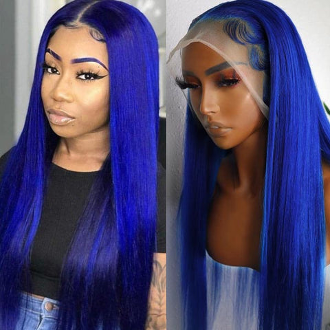 Blue Straight Colored Human Hair Wigs 13x4 Transparent Lace Front Wigs with Baby Hair