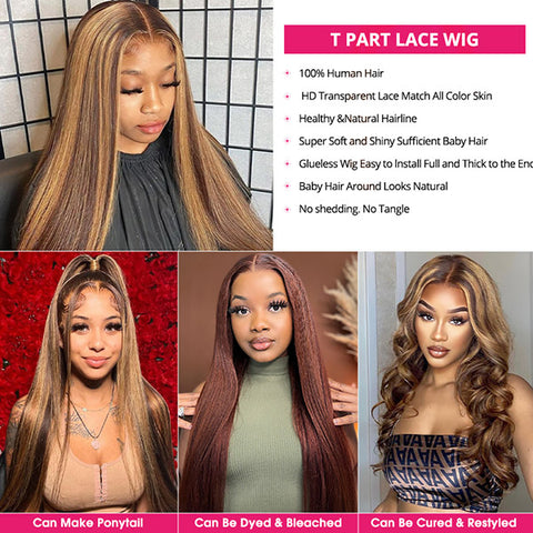 T Part Wig Straight Hair Highlight Wig Human Hair Lace Front Wigs