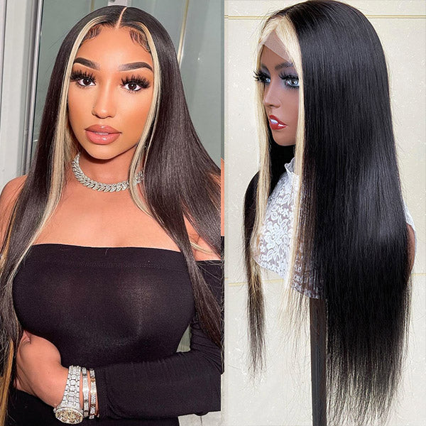 Blonde Black Skunk Stripe Color Wig Straight Human Hair 13x4 Lace Front Wig