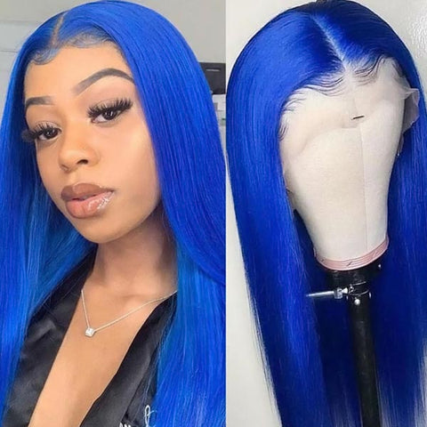 Blue Straight Colored Human Hair Wigs 13x4 Transparent Lace Front Wigs with Baby Hair
