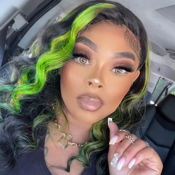 Highlight Green Skunk Stripe Wigs Body Wave 13x4 Lace Front Human Hair Wigs
