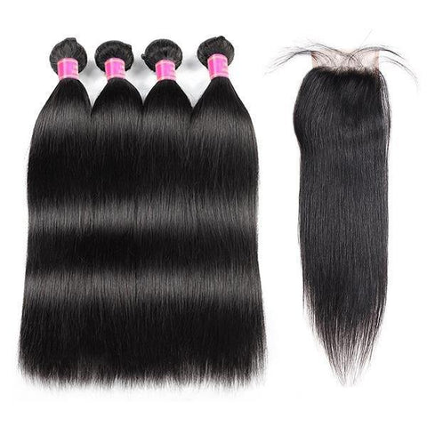 10A Brazilian Straight Virgin Human Hair 4 Bundles with 4*4 Lace Closure - MeetuHair