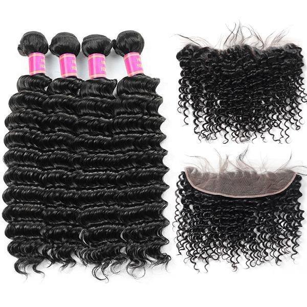 10A Deep Wave 4 Bundles with 13*4 Lace Frontal Virgin Brazilian Human Hair Weave - MeetuHair