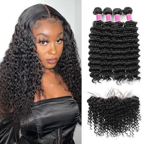 10A Deep Wave 4 Bundles with 13*4 Lace Frontal Virgin Brazilian Human Hair Weave - MeetuHair