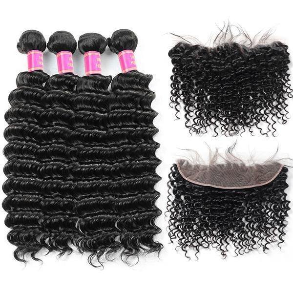 10A Peruvian Deep Wave Virgin Human Hair 4 Bundles with 13*4 Lace Frontal - MeetuHair
