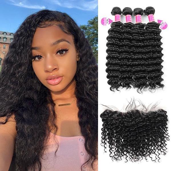 10A Peruvian Deep Wave Virgin Human Hair 4 Bundles with 13*4 Lace Frontal - MeetuHair