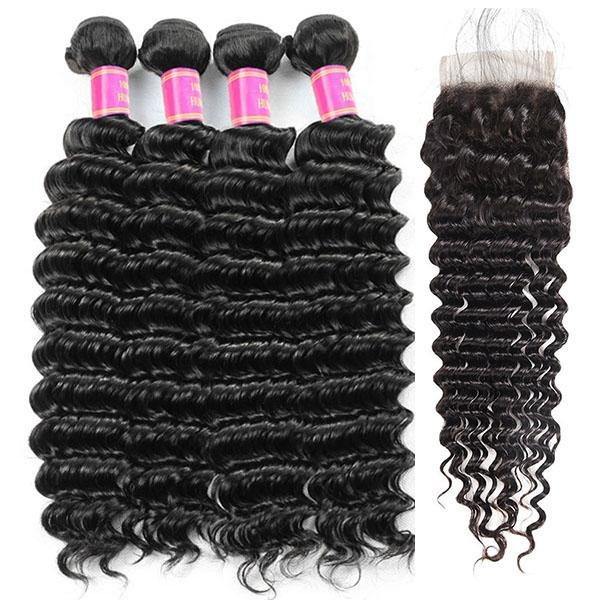 10A Peruvian Deep Wave Virgin Human Hair 4 Bundles With 4*4 Lace Closure - MeetuHair