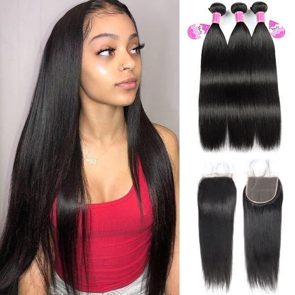 10A Straight Hair Weave 3 Bundles with 5*5 Transparent Lace Closure Meetu Hair - MeetuHair