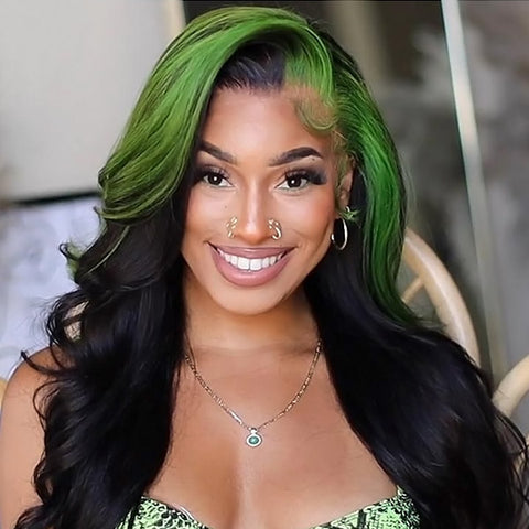 Highlight Green Skunk Stripe Wigs Body Wave 13x4 Lace Front Human Hair Wigs