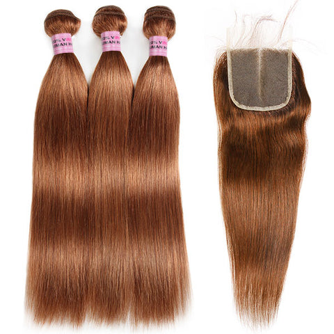 #4 Brown Color Straight Virgin Hair 3 Bundles With 4x4 Lace Closure