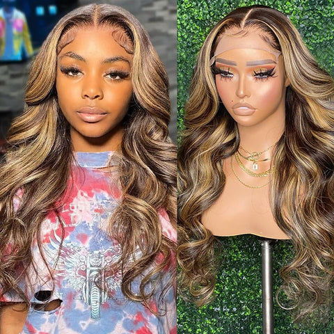 Honey Blonde Highlight 4x4 Lace Closure Wig Body Wave Human Hair Wigs