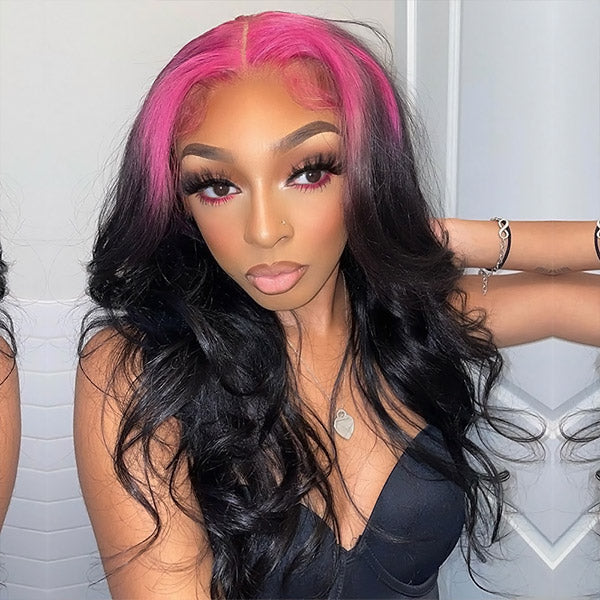 Skunk Stripe Wig Body Wave Lace Front Wig Highlight Pink 13x4 Lace Frontal Human Hair Wigs
