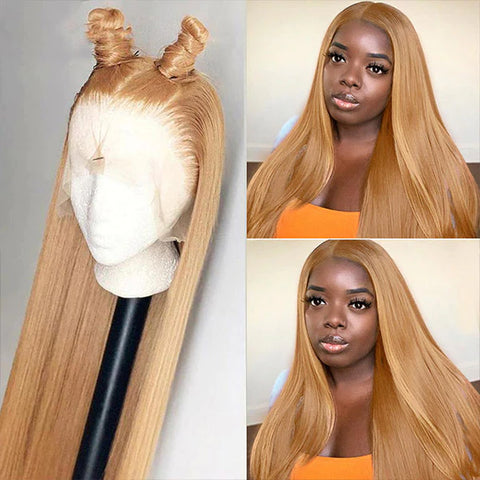 Honey Blonde Straight Lace Front Wig #27 Colored Transparent 13x4 Frontal Wig