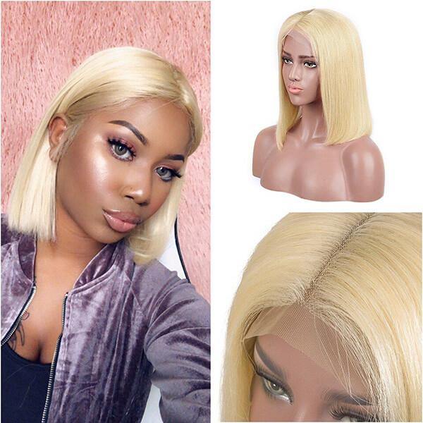 613 Blonde Color Lace Frontal Wig T part Short Bob Straight Hair Wig - MeetuHair
