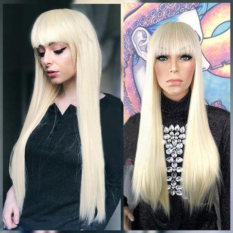613 Blonde Wig 28 inch Long Straight Hair Wig with Bangs Synthetic Halloween Wig - MeetuHair