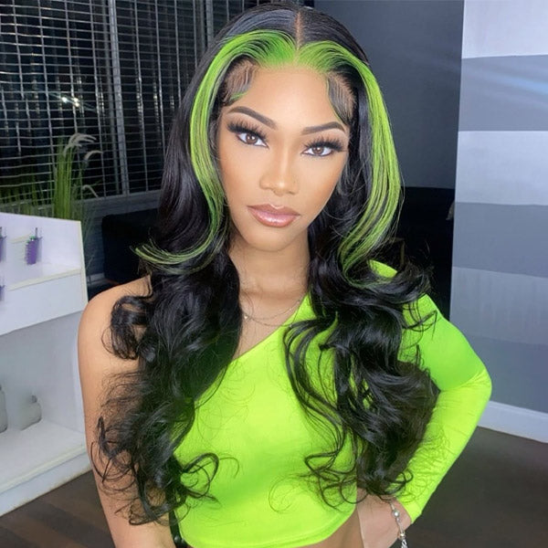 Highlight Green Skunk Stripe Wigs Body Wave 13x4 Lace Front Human Hair Wigs