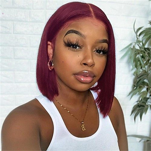 Burgundy Short Bob Wigs Straight Hair 99J Colored Hman Hair Lace Part Wig