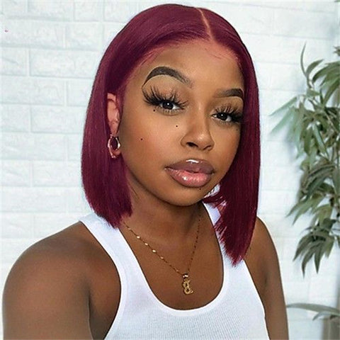 Burgundy Short Bob Wigs Straight Hair 99J Colored Hman Hair Lace Part Wig