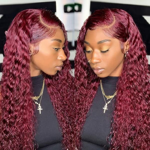 99J Lace Front Wigs Deep Wave 13x4 HD Human Hair Wigs Burgundy Colored Wigs