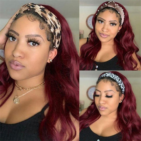 Burgundy Body Wave Hair Headband Wig Affordable 99J Colored Human Hair Wigs