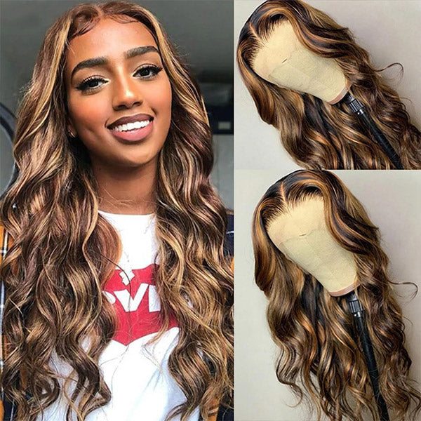 Honey Blonde Highlight Wig 4x4 Lace Closure Wig Body Wave Human Hair Wigs
