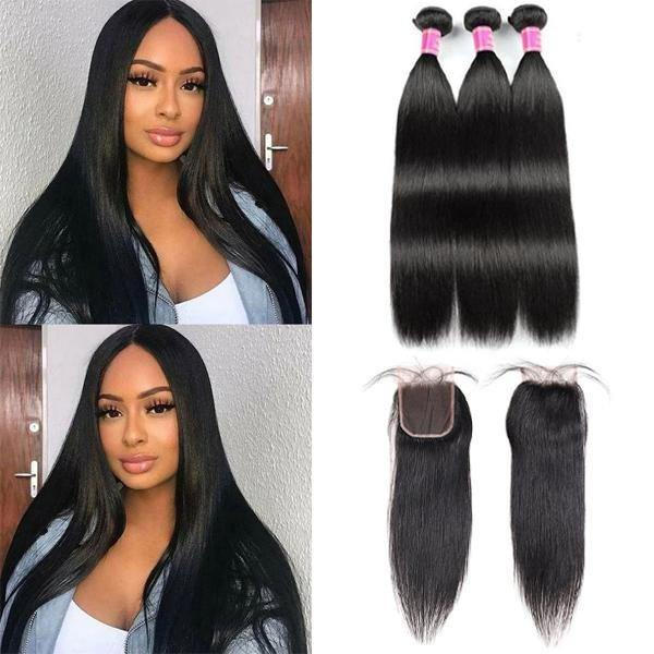 Best Bone Straight Hair Cambodian Hair 3 Bundles with 4*4 Lace Closure - MeetuHair