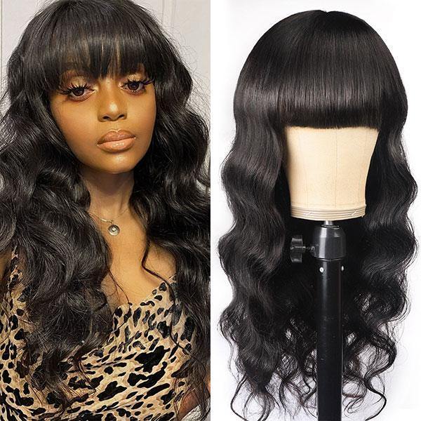 Body Wave Wig with Bangs Machine Made 100% Virgin Human Hair Wigs - MeetuHair