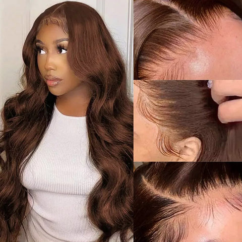 Chocolate Brown Lace Front Wig Pre Plucked Body Wave Human Hair Wig Transparent 13x4 Lace Frontal Wigs