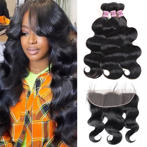 Meetu Hair Peruvian Body Wave Virgin Human Hair Weave 3 Bundles with 13*4 Lace Frontal
