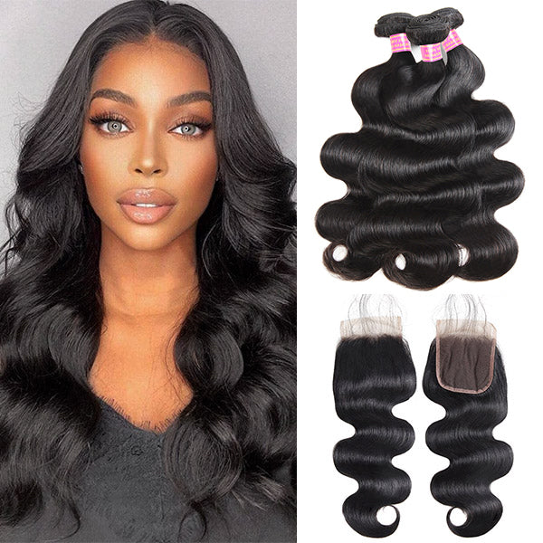 Brazilian Body Wave Virgin Human Hair 3 Bundles with 4x4 Lace Closure