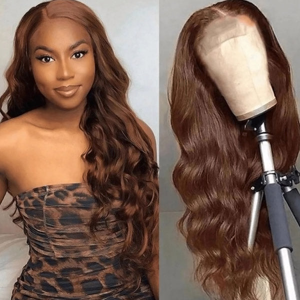 Chocolate Brown Lace Front Wig Pre Plucked Body Wave Human Hair Wig Transparent 13x4 Lace Frontal Wigs