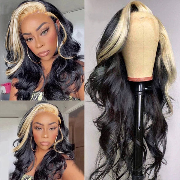 13x4 Lace Front Wig Blonde Black Skunk Stripe Color Wig Body Wave Human Hair Wig