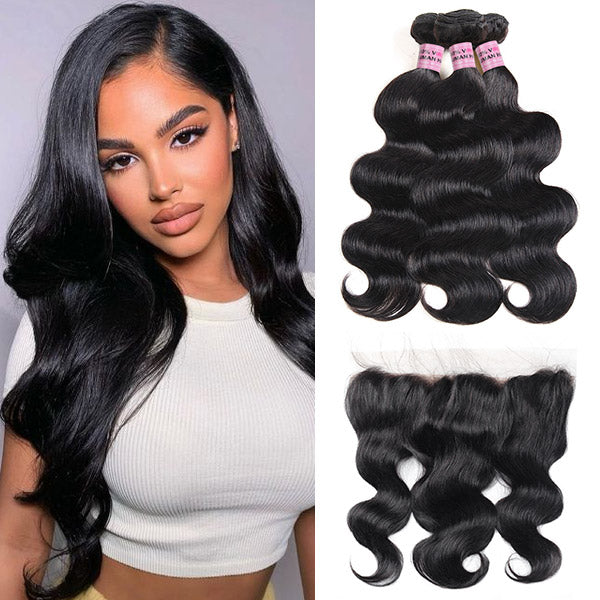 Malaysian Body Wave 3 Bundles with 13*4 Lace Frontal 10A Virgin Remy Human Hair