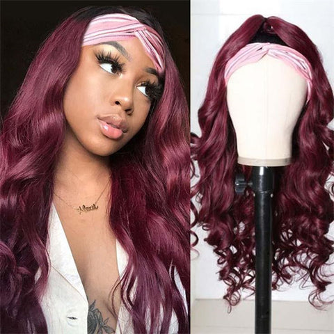 Burgundy Body Wave Hair Headband Wig Affordable 99J Colored Human Hair Wigs