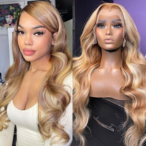 P4/613 Brown With Blonde Highlight Wig Body Wave Human Hair 13x4 HD Transparent Lace Front Wigs
