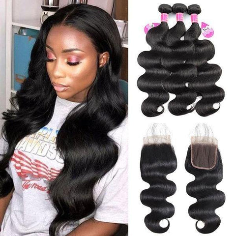 Brazilian Body Wave Virgin Human Hair 3 Bundles with 4*4 Lace Closure - MeetuHair