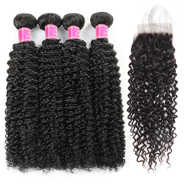 Brazilian Curly Human Hair 4 Bundles With 4*4 Lace Closure 10A Remy Virgin Hair Weave - MeetuHair