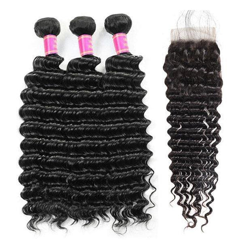 Brazilian Deep Wave Virgin Human Hair 3 Bundles with 4*4 Lace Closure - MeetuHair