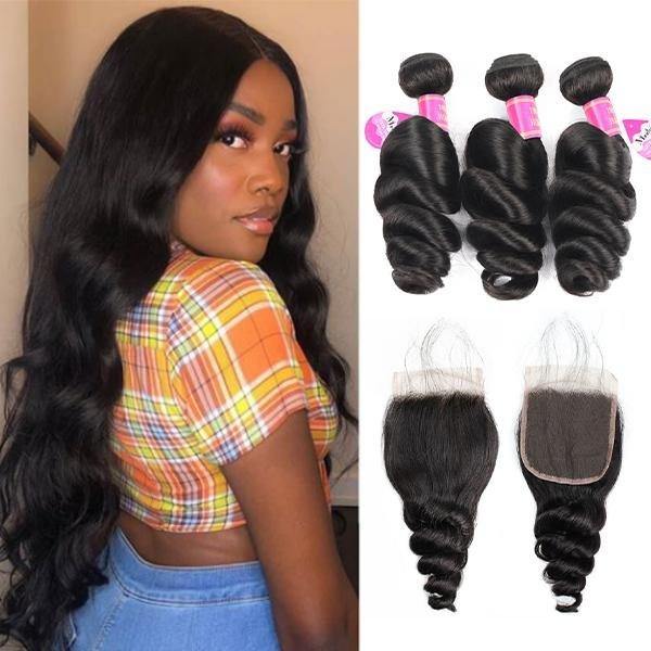 Brazilian Loose Wave Virgin Human Hair 3 Bundles with 4*4 Lace Closure - MeetuHair